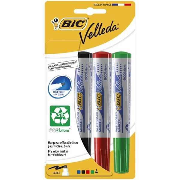 BIC Velleda 1701 ECOlutions Dry Erase valkotaulumerkit keskikartiolla - 4 kpl läpipainopakkaus