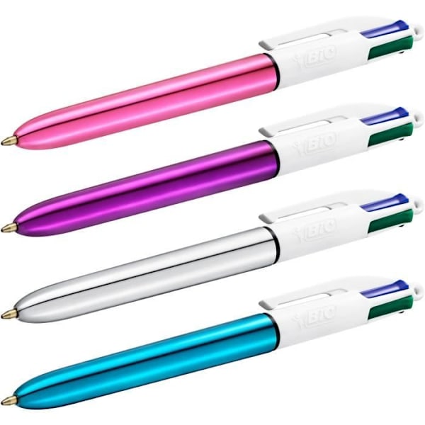 Kuglepenne - BIC - 4 glansfarver - Medium spids 1,0 mm - Metallisk lilla krop - Æske med 12 stk. Blandad