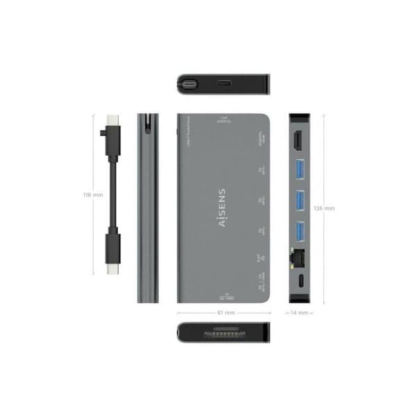 USB Hub - AISENS - ASUC-8P015-GR - 8 porte - Metalgrå - Elegant design - Kompakt