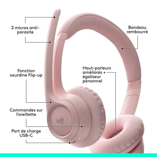 Headset - Trådløs - Logitech - Zone 300 - Bluetooth - Støjreducerende - Lyserød