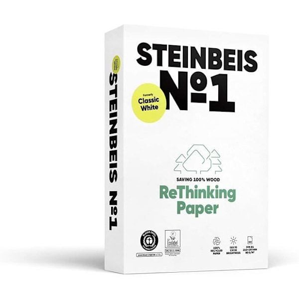 Paket av 100 % återvunnet papper, STEINBEIS N°1 CLASSICWHITE, naturlig färg, 80g, A4