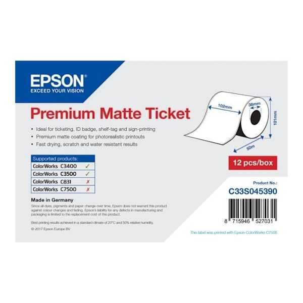 Epson Premium Matte Roll (4" x 50 m) 1 billetrulle(r) til Epson GP-C831, TM-C3400-LT; ColorWorks TM-C7500, TM-C7500G;...