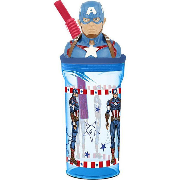 Tataway Marjajuoma Lasten Sininen Muovimuki Marvel Avengers Captain America 360 Ml Pillillä ja 3D Figuurilla