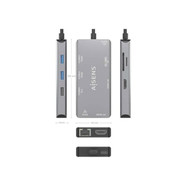 HUB AISENS USB-C DOCK 9 IN 1 USB-C 2XHDMI RJ45 2XUSB-A 3.0 USB-A 2.0 PD
