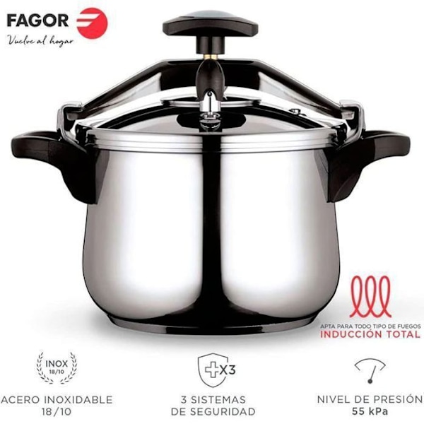 Stigbøjle trykkoger 6 L, induktion, rustfrit stål. 18/10, 3 FAGOR Security Systems Clásica Bombe 6