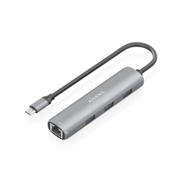 USB-C 4-i-1 Hub - AISENS - 3xUSB-A - RJ45 - 15cm - Grå - USB3.1 Gen1 - Kompatibel med Windows, Mac OS, Linux