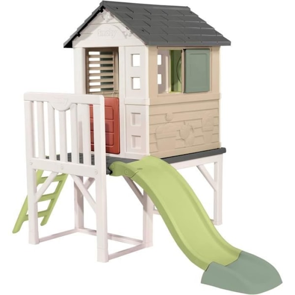 Smoby Life - Pilotistalo liukumäellä - Uusi väri - Alusta 70cm - UV-suojattu - Valmistettu Ranskassa Bige, grå och grön