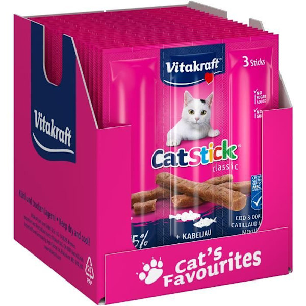 Kissalle tarkoitetut herkut - VITAKRAFT - Mini Cat Stick - Kolmikko ja turska - Tuoreuspakkaus 3 sauvaa