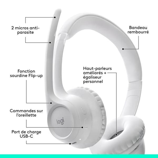 Hovedtelefoner - Trådløs - Logitech - Zone 300 - Bluetooth - Støjreducerende - Hvid