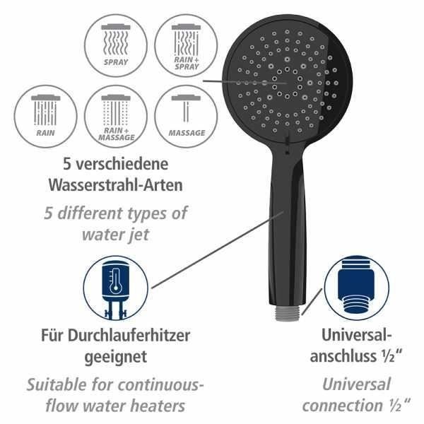 WENKO Young 5-jet brusehoved, let at rengøre, 1/2" universaltilslutning, plast, ø 11 cm, sort