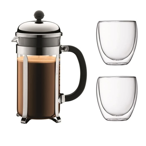 BODUM CHAMBORD Set tryckkokare - 8 koppar - 1L - Grå - Med 2 dubbelväggiga glas Pavina 0,35l