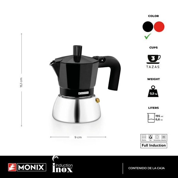 MONIX induktion rustfrit stål | Italiensk kaffemaskine i aluminium og rustfrit stål, 3 kopper, varmebestandigt håndtag, let at Svart