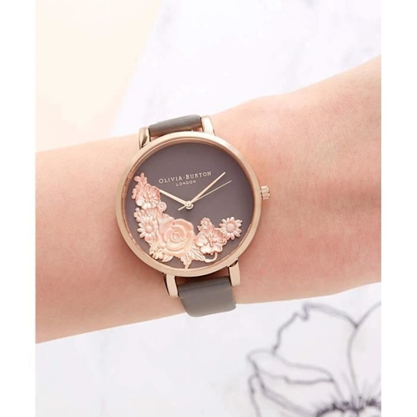Klocka - Olivia Burton - OB16FS99 - Blommig grå urtavla - Armband i äkta läder - Quartz 38mm Grå, rosa guld