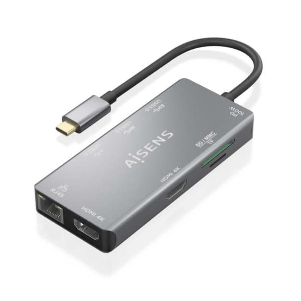 HUB AISENS USB-C DOKK 9 I 1 USB-C 2XHDMI RJ45 2XUSB-A 3.0 USB-A 2.0 PD