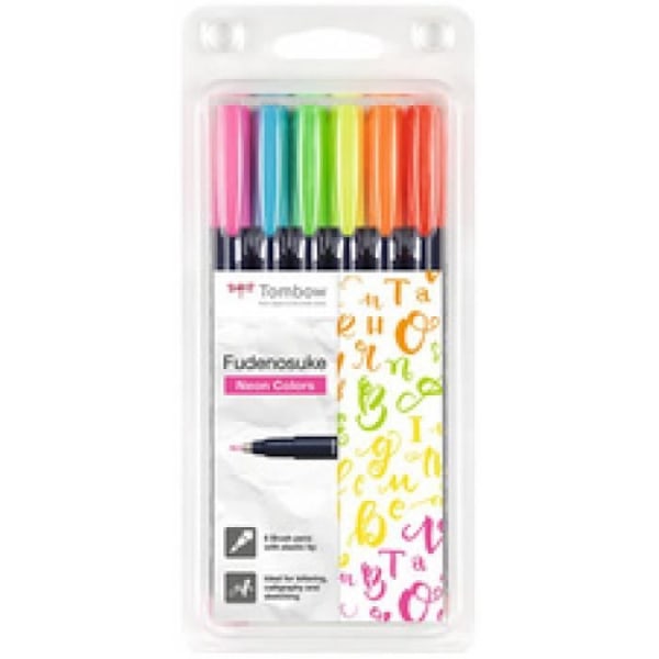 Tombow Fudenosuke Neon kalligrafipenna, set med 6 0,000000 svart