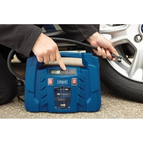 Kannanpuhallin elektronisella paineensäätimellä - Scheppach AIR FORCE 5 - 1500 W - 8 bar (auto/pyörä/pallo) blå