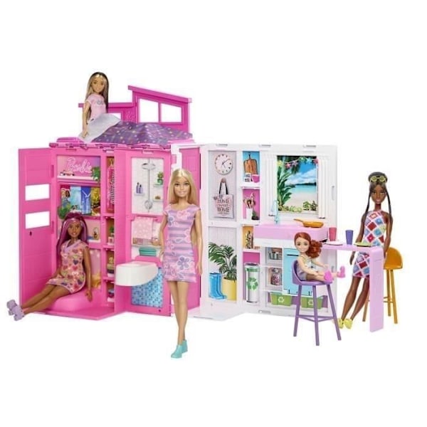 Barbie-lomatalo-laatikko ja nukke, 4 vyöhykettä ja 11 lisätarviketta HRJ77 Flerfärgad