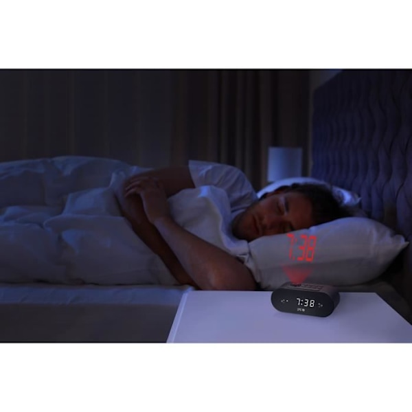 SPC FRODI MAX - Kompakt clockradio med justerbar projektor, stor snooze/sleep knap, dobbelt alarm, XL skærm, batteri backup