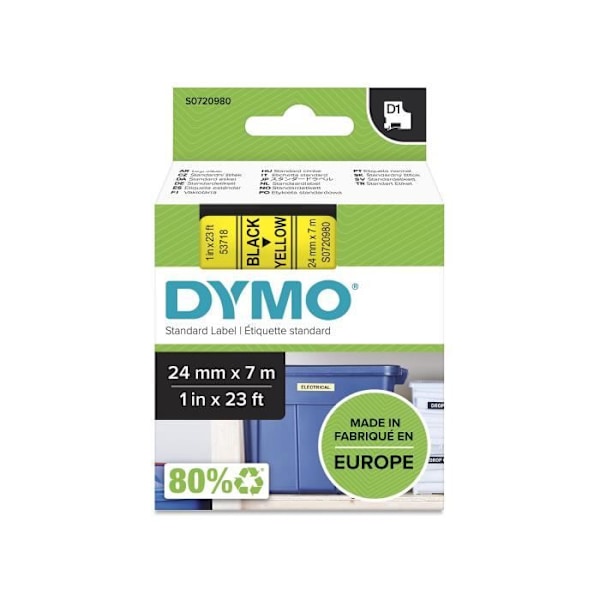 DYMO - LabelManager tapekassette D1 24mm x 7m - Sort/Gul - Kompatibel med LabelMANAGER - Etiketter