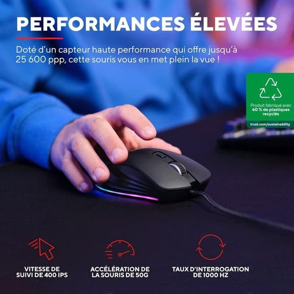 Trust Gaming GXT 924 Ybar+ Gamer, 25600 PPP, 60% Genanvendte Materialer, 25K Optisk Sensor, RGB, 6 Programmerbare Knapper, USB Kablet - Sort