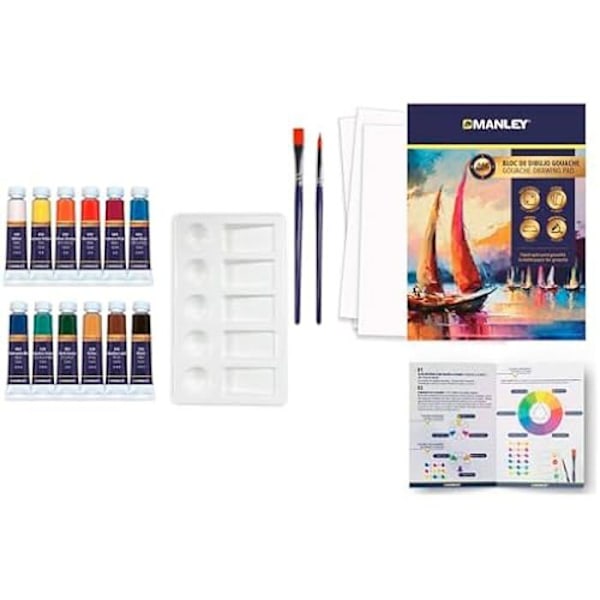 Gouache Paint Set - Manley - 16 delar - 12 färger - Perfekt för nybörjare - Artist Quality 12 färger gouache