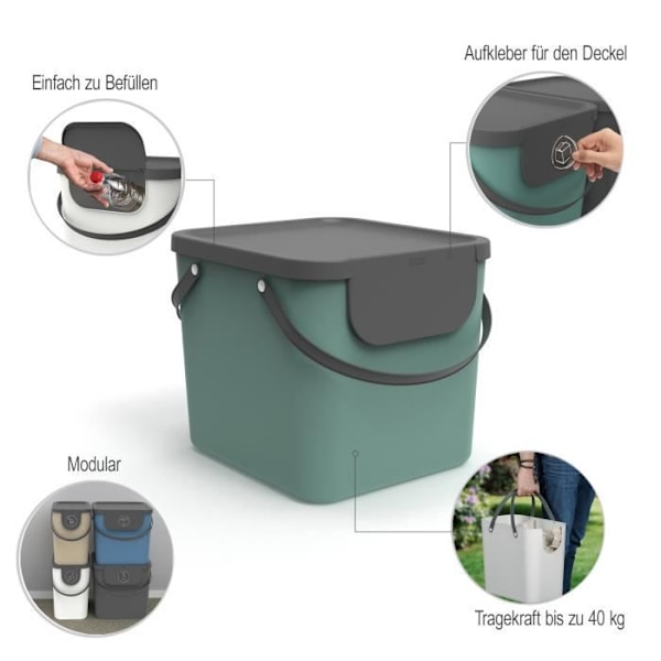 Rotho Albula Affaldsseparationssystem 40l til køkkenet, Plastik (PP) uden BPA, mørkegrøn/antracit, 40l (39,8 x 35,8) Mørk