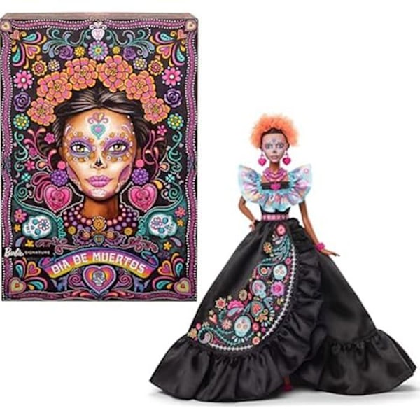 Barbie Día de Muertos 2024 samleobjekt Barbie signaturdukke i sort kjole med flæsede blå top, broderet print og Flerfärgad