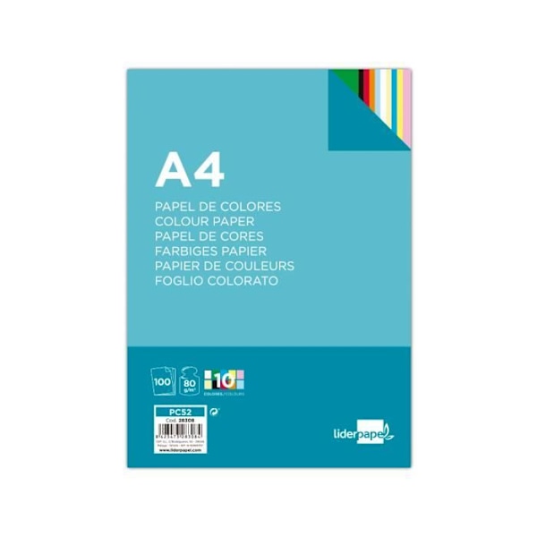 Multifunktionellt färgpapper - LIDERPAPEL - A4 - 80g/m2 - 10 assorterade färger - 100 ark gul, mellangul, blå, himmelsblå, kr