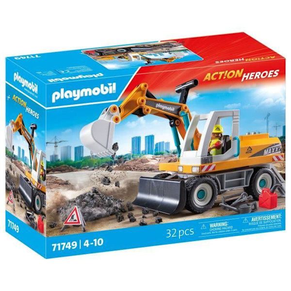 PLAYMOBIL 71749 Mekaaninen kaivinkone ja työntekijä, Action Heroes, Rakentaminen, 31 osaa, Sopii 4-vuotiaille ja yli Flerfärgad
