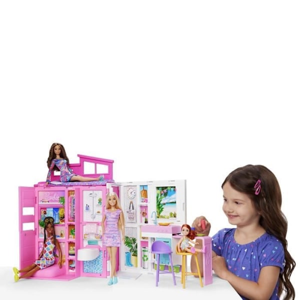 Barbie-lomatalo-laatikko ja nukke, 4 vyöhykettä ja 11 lisätarviketta HRJ77 Flerfärgad