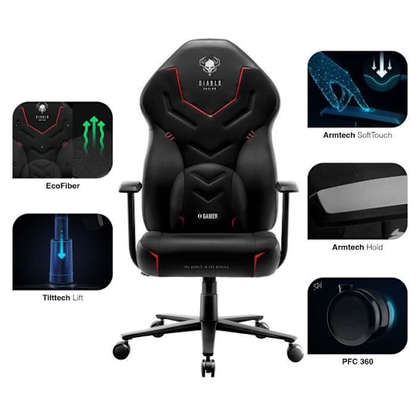 Diablo X-Gamer 2.0 Gaming Stolen Kontorstol Stof Ergonomisk Design Lændestøtte Komfortable Armlæn (Sort-Sort) Svart