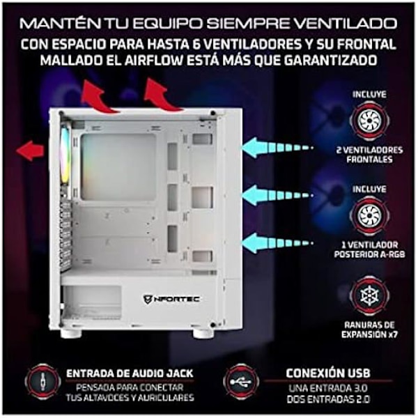 Nfortec - CAELUM Mid Tower Gaming PC-fodral (ATX), 3x 120 mm ARGB-fläktar ingår, frontgaller, sidor av härdat glas, vit