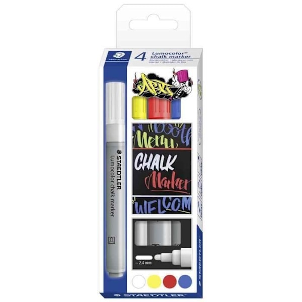 Liitumerkki - STAEDTLER - 4 kpl kotelo - Valkoinen, keltainen, punainen, sininen - Luodin kärki - Läpinäkymätön Vit, Gul, Röd, Blå