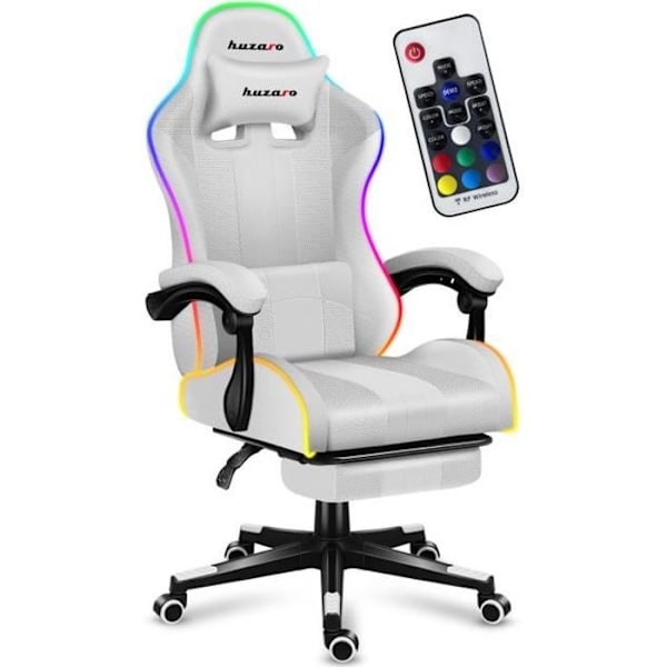 HUZARO FORCE 4.7 Gaming Stol Vit RGB LED, Kontorsstol, PC Gaming, Ergonomisk, Nackstöd Svankkudde, Justerbar, Vridbar Vit