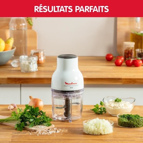 MOULINEX elektrisk hakkemaskine, 3-i-1 funktioner, Skiver, Hakker, Opskæring, 4 klinger, 400 ml, Enkel trykknap, Moulinette Essential DJ520110