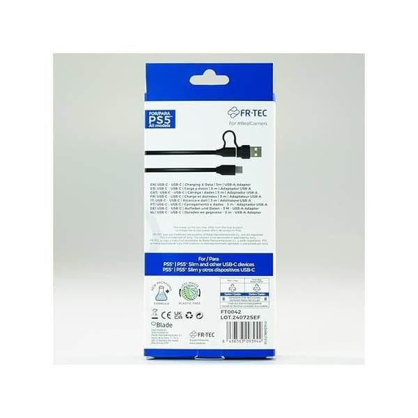 USB-C Play & Charge Kabel - FR-TEC - FT0042 - 3m - Kompatibel med PS5 - Dataoverførsel Sort
