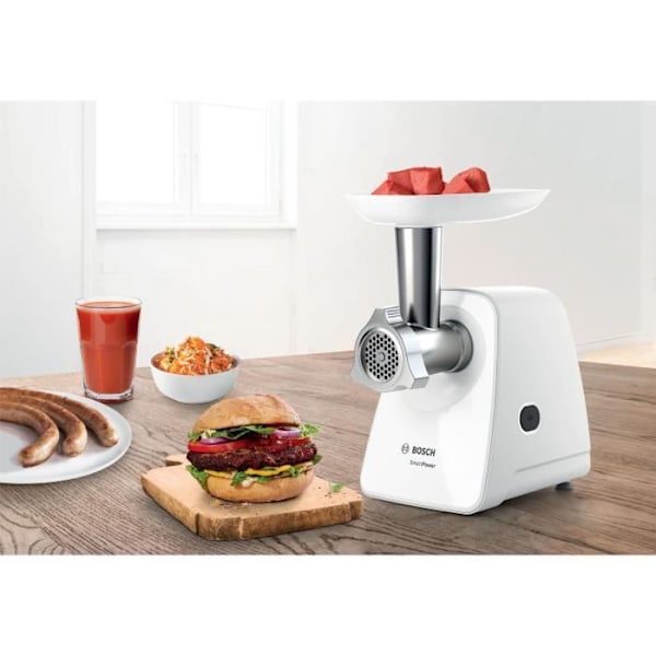 Lihamylly - BOSCH - MFW2514W SmartPower - Valkoinen - moottori lukittuna 1500 W - 1,7 kg/min - 2 myllyverkkoa - raastin/silppuri Vit