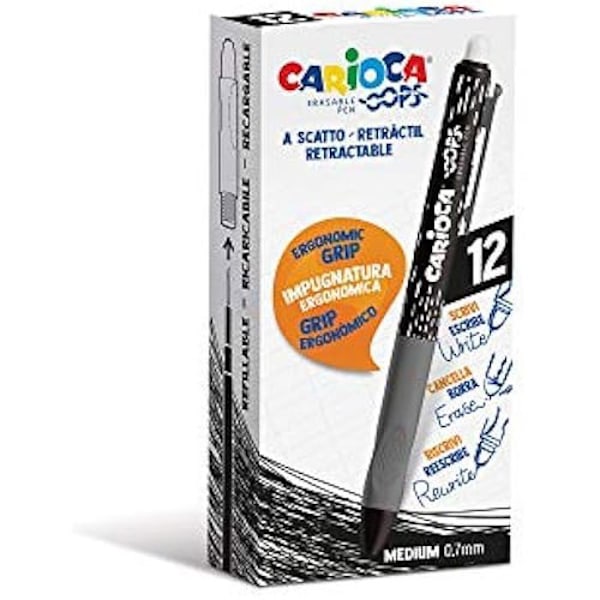 CARIOCA Oops pyyhittävät, täytettävät kuulakärkikynät - 12 kappaleen pakkaus - Lämpöherkkä muste - Ergonominen kahva Svart
