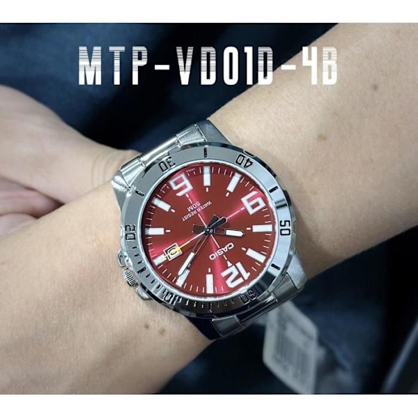 Casio herreur Argente med rød urskive, vandtæt 50 m, rustfrit stål – mtp-vd01d-4bvudf