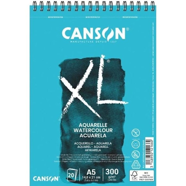 Akvarelpapirpude - CANSON - XL akvarel - 20 A5 ark - 300g/m2 - Finkornet