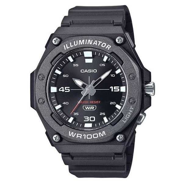 Casio Sport med lysknap - W.R 100 meters, sort skive - urrem i resin