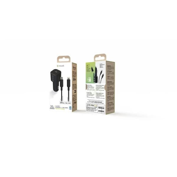 MUVIT TIL FORANDRING PAKKE BILOPLADER PD 20W + SORT LIGHTNING KABEL Sort