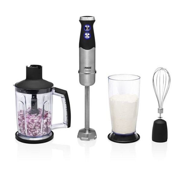 Princess 221221 stavblender - 1000 Watt - 4 knive - 25 cm rustfrit stålbund og Soft Touch håndtag - Med målebæger