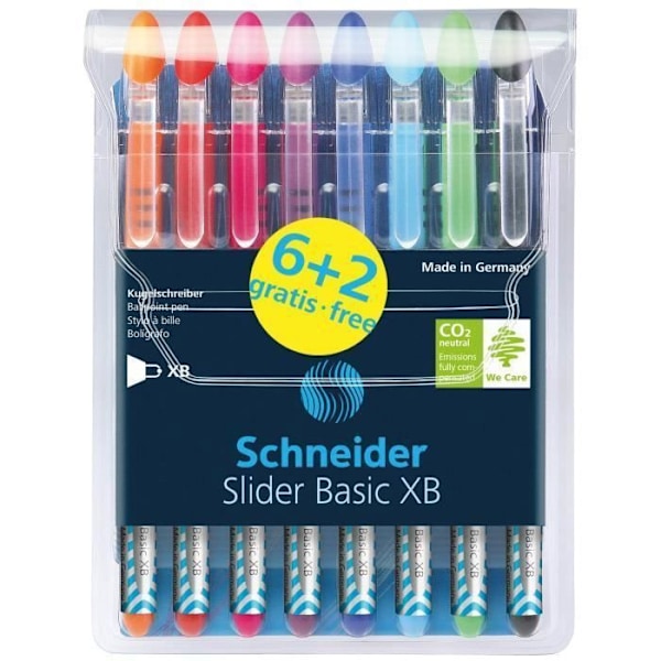 Kynä - Slider - Basic XB - 8 kappaleen pakkaus - Tarjous 6+2 - Sekalaiset värit Blandad