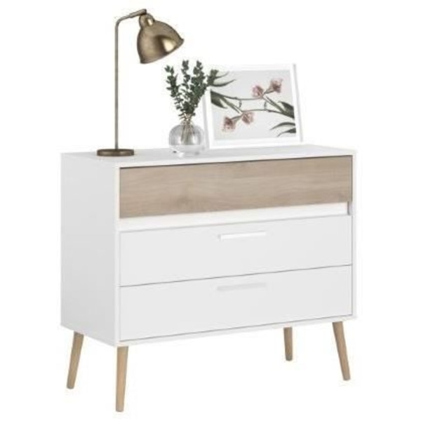 Kommode - AALBORG - 3 skuffer - Hvid - Skandinavisk stil - 90,8 x 40 x 77,5 - PARISOT vit och ek