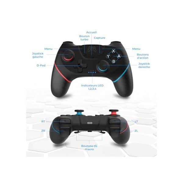Trådløs controller - NK - Switch - Kompatibilitet med Nintendo Switch, Switch Pro, PC - Ergonomisk design Sort + Blå / Rød