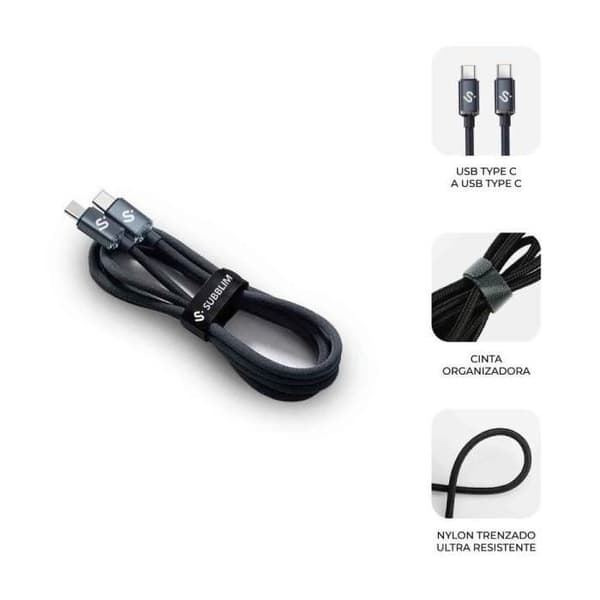 USB 2.0-kabel - SUBBLIM - Optimus - 1m - Hurtigopladning 60W - Overførsel 480Mbps - Sort