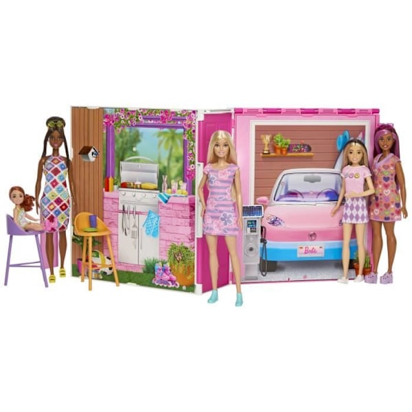 Barbie-lomatalo-laatikko ja nukke, 4 vyöhykettä ja 11 lisätarviketta HRJ77 Flerfärgad