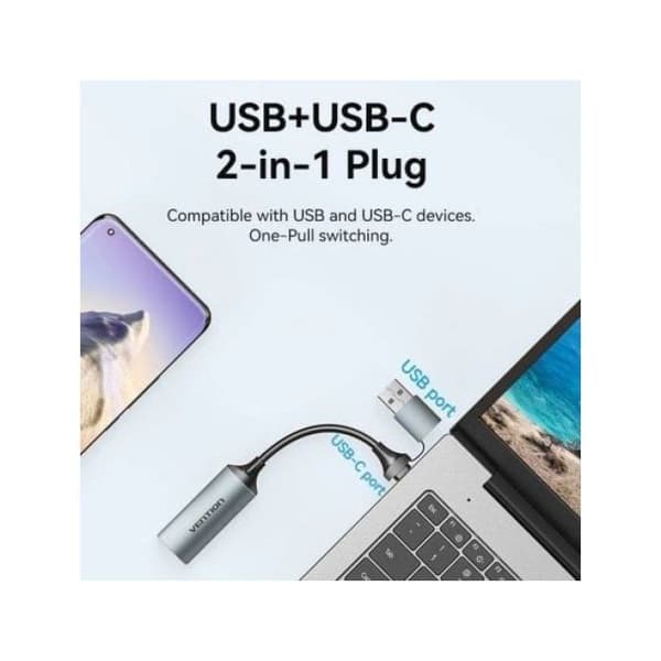 Vention ACWHA 4K@60Hz HDMI Nainen USB-C/USB-A 480Mbps 10cm Harmaa