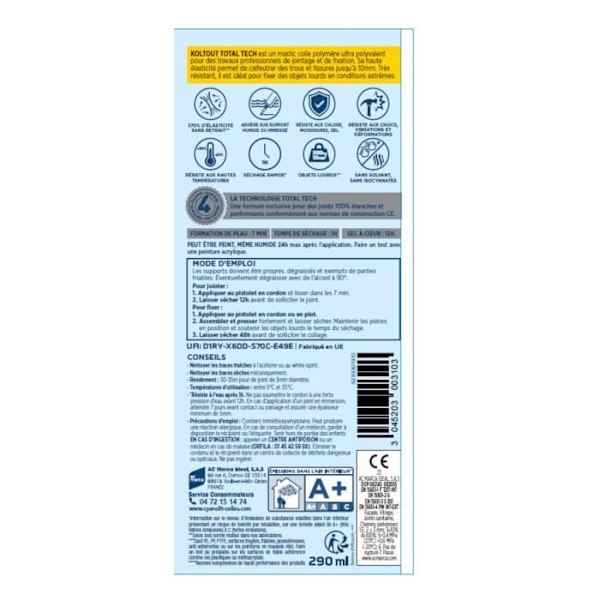 Kiinnitys- ja tiivistysliima - CYANOLIT - Total tech - Harmaa - 290 ml kartus - Monimateriaalinen - Kestävä ja joustava
